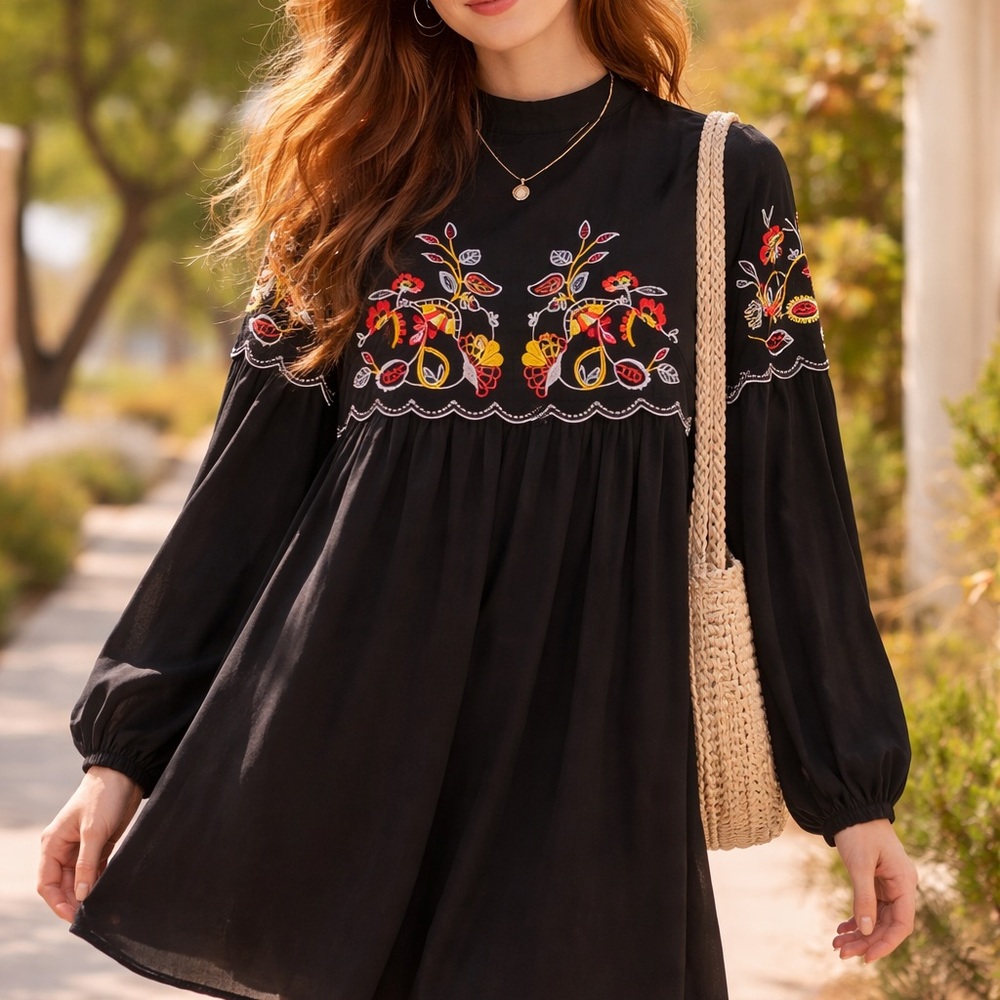Boohoo Boho Embroidered Long-Sleeve Babydoll Dress Black Flowy Hippie Floral EUC